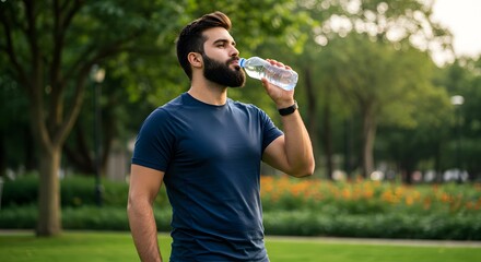 Hydrated man drinking water after exercise in the park. Stay refreshed and healthy during outdoor workouts.