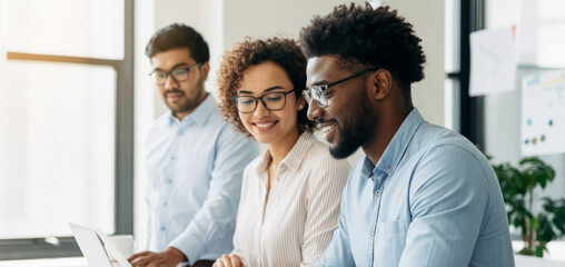 Diverse team working on laptops in bright office setting