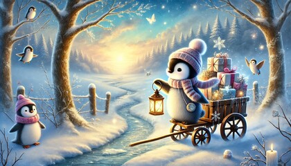 A heartwarming storybook-style illustration of a small penguin postman delivering magical letters along a snowy path, glowing with the transition from winter to spring