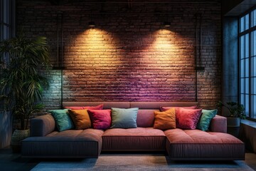 Interior of a modern living room with a sofa, pillows and brick wall.