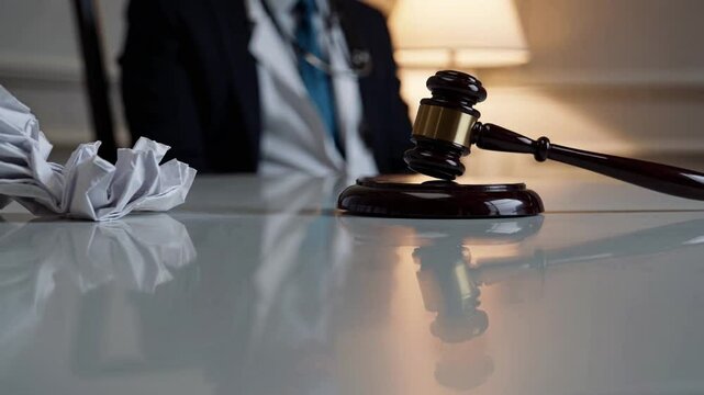 A courtroom scene with medical documents and a gavel, representing a lawsuit for medical malpractice and medicine fraud, with legal professionals reviewing evidence.
