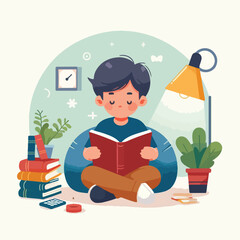 vector image of a child reading a book diligently