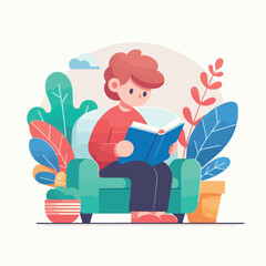 vector image of a child reading a book diligently