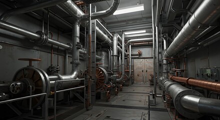 Naklejka premium An industrial space with abstract shapes and metallic textures, featuring large, exposed pipes, gears, and minimalist design elements