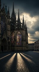 Fototapeta premium A dramatic shot of a gothic cathedral, with intricate stained glass windows and towering spires, under a moody sky