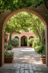 Fototapeta premium Lush courtyard framed by architectural arches in a serene garden setting during midday, showcasing nature mingling with historical design