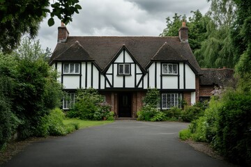 This delightful English cottage, nestled amidst vibrant greenery and beneath a blanket of cloudy skies, offers a peaceful retreat in a tranquil rural landscape
