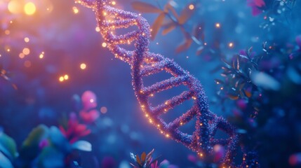 Vibrant DNA Helix Surrounded by Lush Flowers and Sparkling Lights