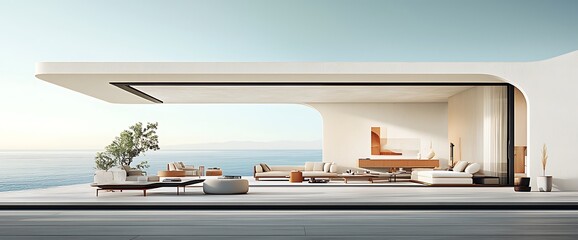Modern minimalist seaside home with open-air living space. Ocean view, neutral tones, outdoor seating