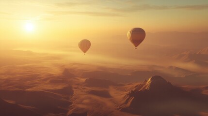 Fototapeta premium Hot Air Balloons Floating Above Majestic Mountain Landscape at Sunset