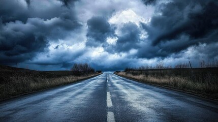 Dark Stormy Road Under Gloomy Clouds in Dramatic Landscape Scene