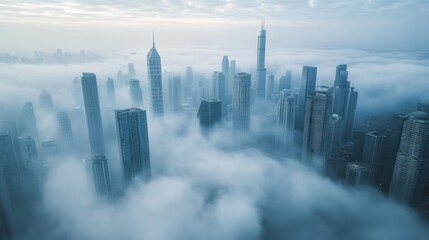 Fototapeta premium City Skyline Emerging From Fog Aerial View Dramatic Urban Landscape