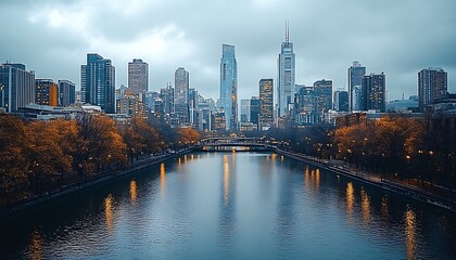 Obraz premium City Skyline at Dusk with River Reflection