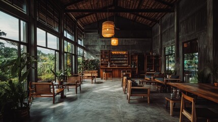 Rustic, modern coffee shop with expansive views.