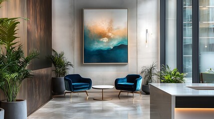 Fototapeta premium Lobby with Armchairs and Abstract Painting in Modern Building
