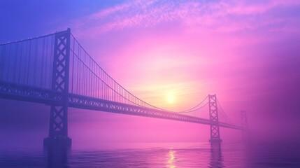 Obraz premium Sunrise over foggy bay, suspension bridge, tranquil scene, travel poster