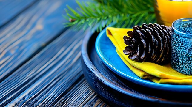 Cozy holiday table setting featuring a blue plate, yellow napkin, pinecone, and candle ambiance - Powered by Adobe
