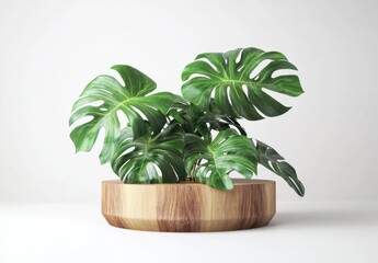Tropical Monstera Plant in Wooden Planter on Minimalist Background