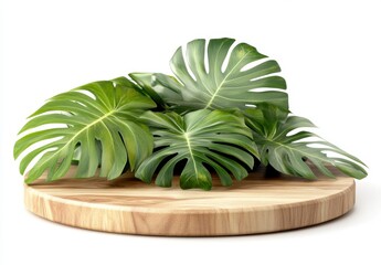 Fresh Green Monstera Leaves on Wooden Cutting Board Display
