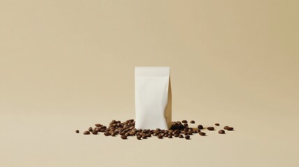 A White Coffee Bag Resting On Top Of Roasted Beans