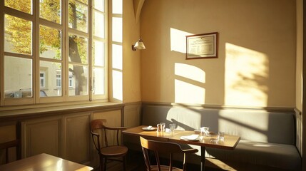 Sunlight streams into a cozy cafe nook.