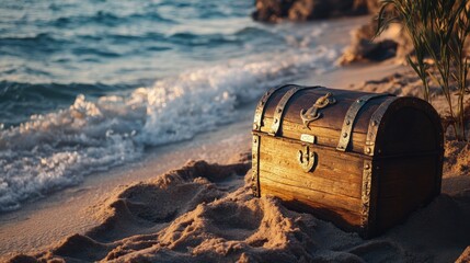 Fototapeta premium A wooden treasure chest rests on the sand near ocean water
