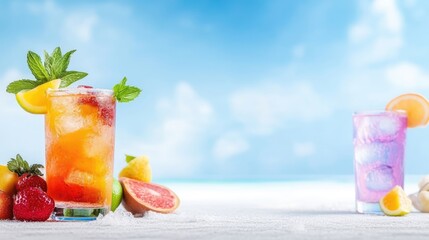 Obraz premium Refreshing summer drinks on a beach. Colorful cocktails with ice and fruit garnishes
