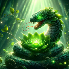 Mystical Green Serpent Guardian of the Enchanted Forest Lotus Bloom