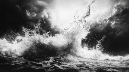 Majestic Black and White Ocean Waves Under Dramatic Cloudy Sky