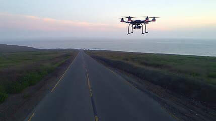 Drone Flying Over Coastal Road at Dawn