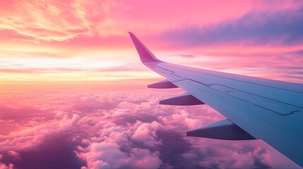 Obraz premium Airplane wing, sunset cloudscape, aerial view, travel, pink sky (1)