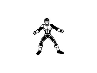 A bold, black and white illustration of a cartoon superhero. 