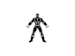 A bold, black and white illustration of a cartoon superhero. 