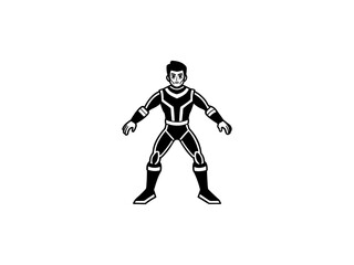 A bold, black and white illustration of a cartoon superhero. 