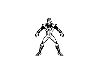 A bold, black and white illustration of a cartoon superhero. 