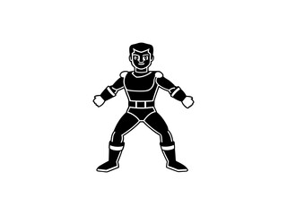 A bold, black and white illustration of a cartoon superhero. 