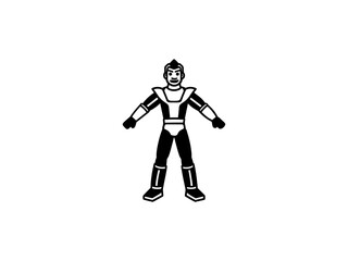 A bold, black and white illustration of a cartoon superhero. 