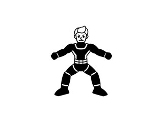 A bold, black and white illustration of a cartoon superhero. 