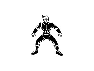 A bold, black and white illustration of a cartoon superhero. 