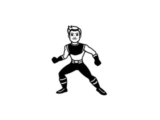 A bold, black and white illustration of a cartoon superhero. 