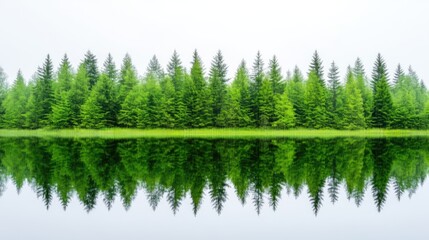 Obraz premium Serene forest reflected in a calm lake. Lush green trees line a tranquil body of water, creating a mirrored effect