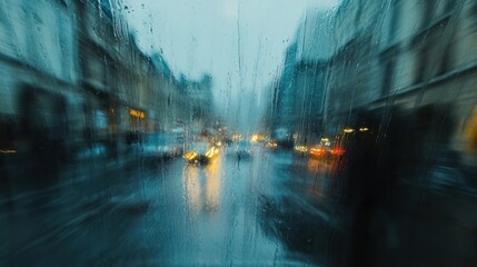 City Street at Night with Rain and Reflections in Water Droplets