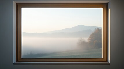 Scenic Mountain View Through Window with Fog and Morning Light