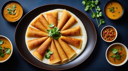 Crispy dosas served with vibrant sambar and chutneys on a dark slate background, garnished with fresh cilantro