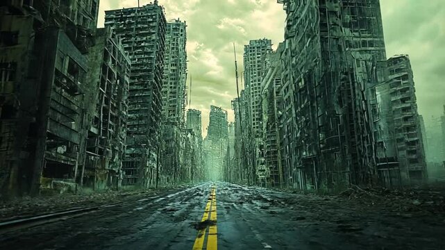 Apocalyptic urban landscape featuring crumbling buildings and a desolate street view