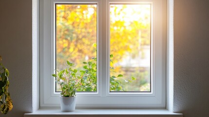 Bright Window with Potted Plant Surrounded by Autumn Landscape Light