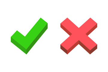 Green tick check mark and red cross mark. Yes and no. Decision, choice, vote concepts. Flat decorative vector design isolated illustration.
