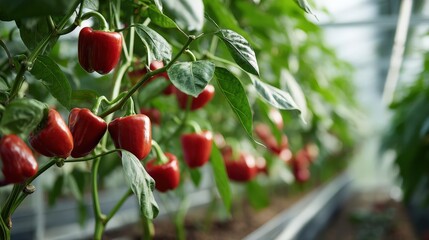 Harvesting red peppers greenhouse garden hyperrealistic photograph vertical view fresh produce