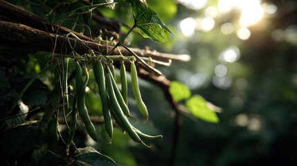 Fototapeta premium Harvesting green beans organic farm hyperrealistic photograph lush environment vertical view nature's bounty