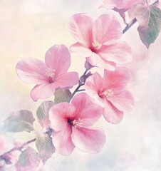 Delicate Watercolor Painting of Pink Flowers on Pastel Background - High-Resolution with Soft Shadows